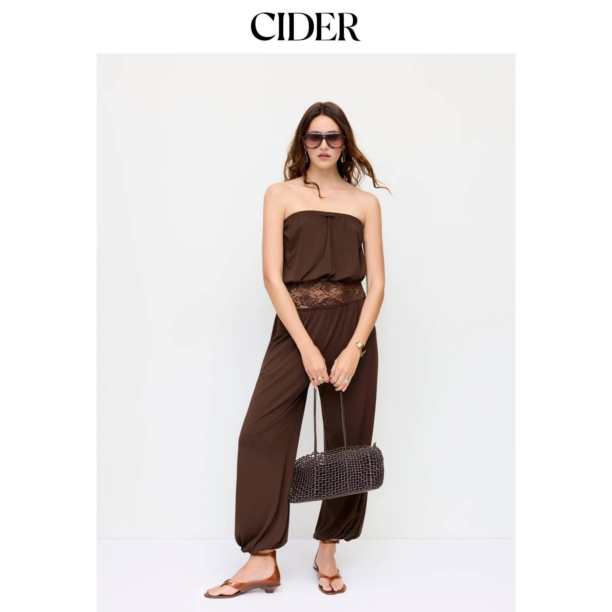 Cider Bandeau Lace Panel Low Rise Jogger Jumpsuit