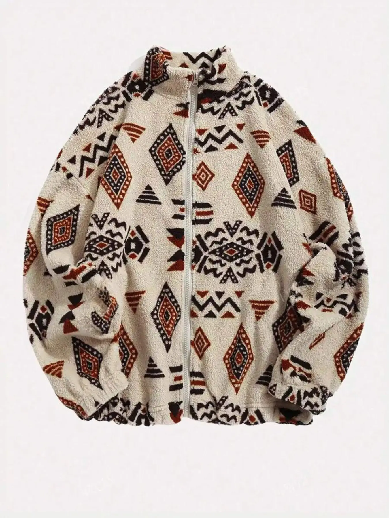 Women's Ethnic Geometric Print Ultra-Fine Polar Fleece Jacket, Hoodless Zipper Mixed Color Coat, Stylish and Warm Outerwear for Ladies