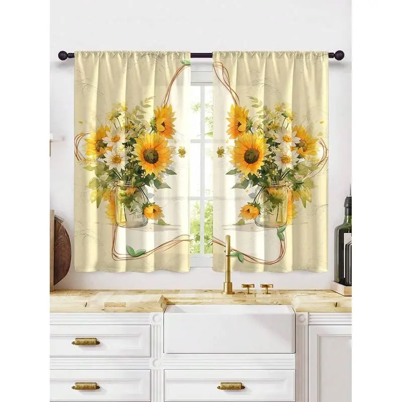 2pcs New Fashion Multi-Color Sunflower Kitchen Curtains - Window Treatment Set, Cafe Panel - Rod Pocket Design, Easy To Install - Perfect For Bedroom, Study, Cafe, And Living Room Decoration