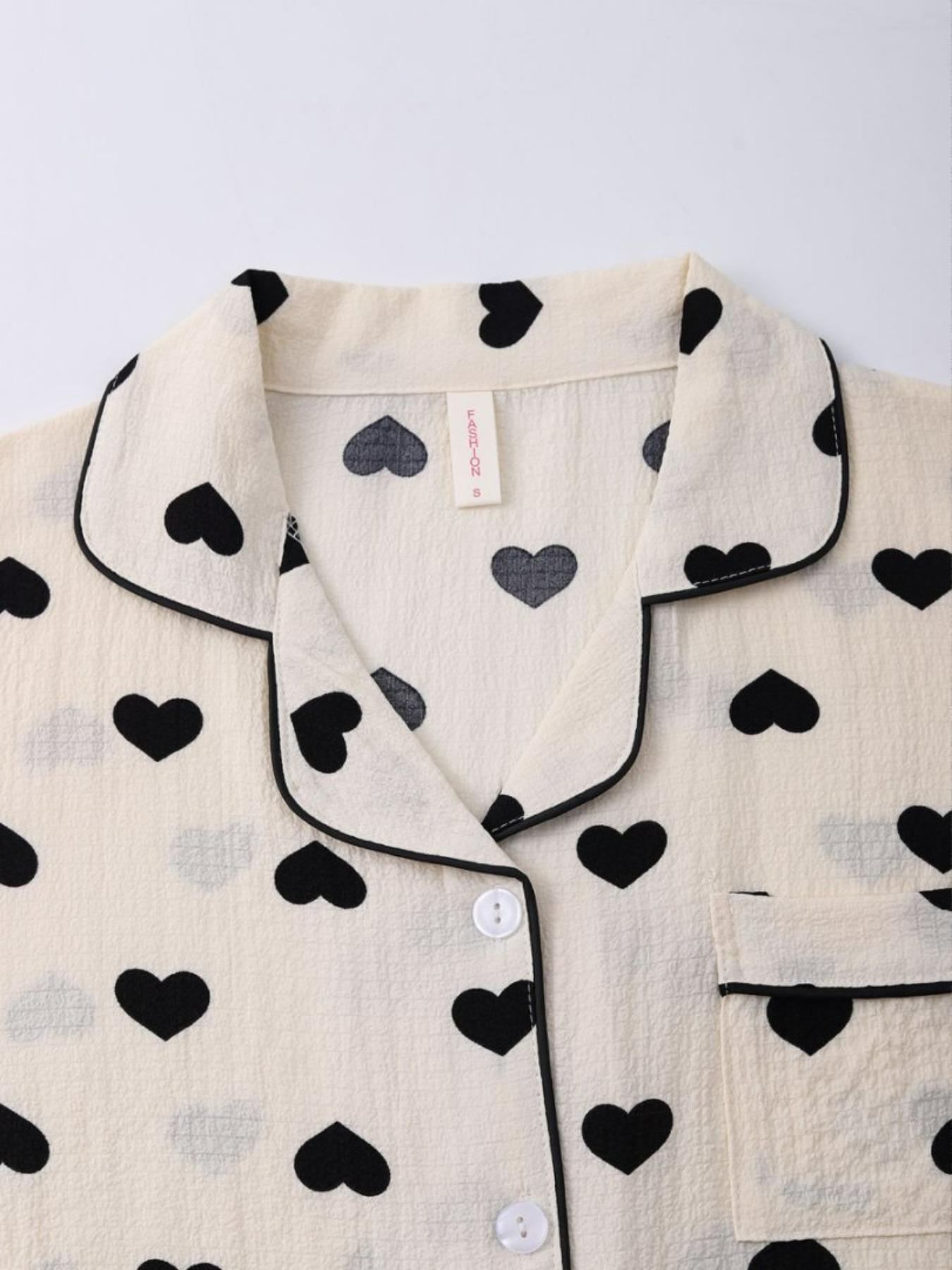 Women's Heart Print Lapel Neck Top & Elastic Waist Shorts Pyjama Two-piece Set, Casual Comfy Short Sleeve Top & Shorts PJ Set, Ladies Sleepwear Loungewear for All Seasons