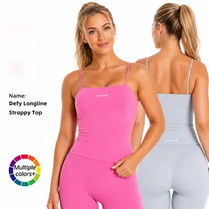 DFYNE Women High Elastic Seamless Yoga Tank Top, Thin Strap Open Back Sports Bra for Gym Workout Fitness,Open Back Longline Cami Women Seamless High Stretch Padded Yoga Workout Tank