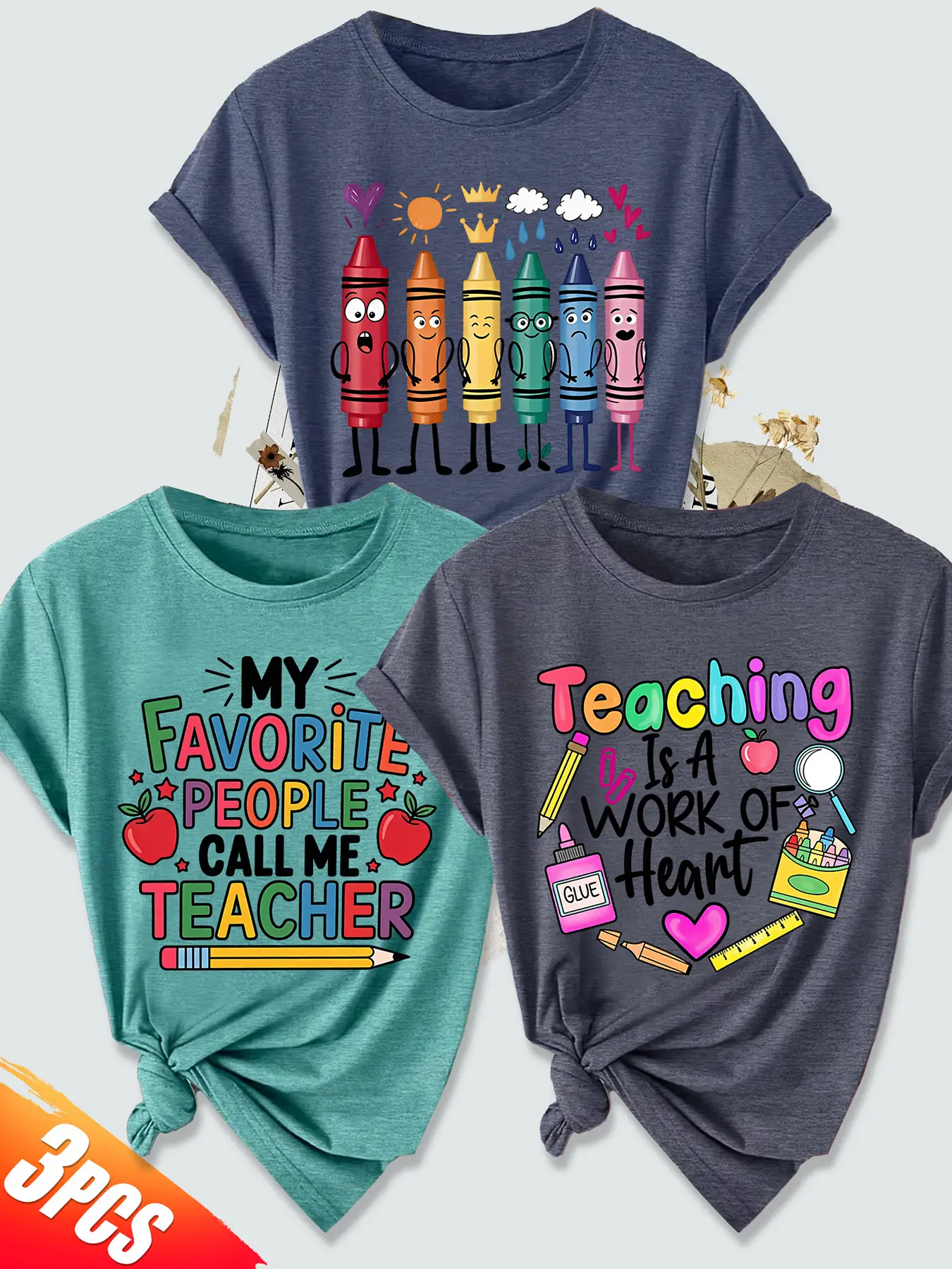 3Pcs Women Crew Neck T-Shirt, Cartoon Crayon Warm Teacher Teaching Theme Print, Multi-color Available, Machine Washable, Soft Skin-friendly Spring Summer Daily Casual Stylish Top