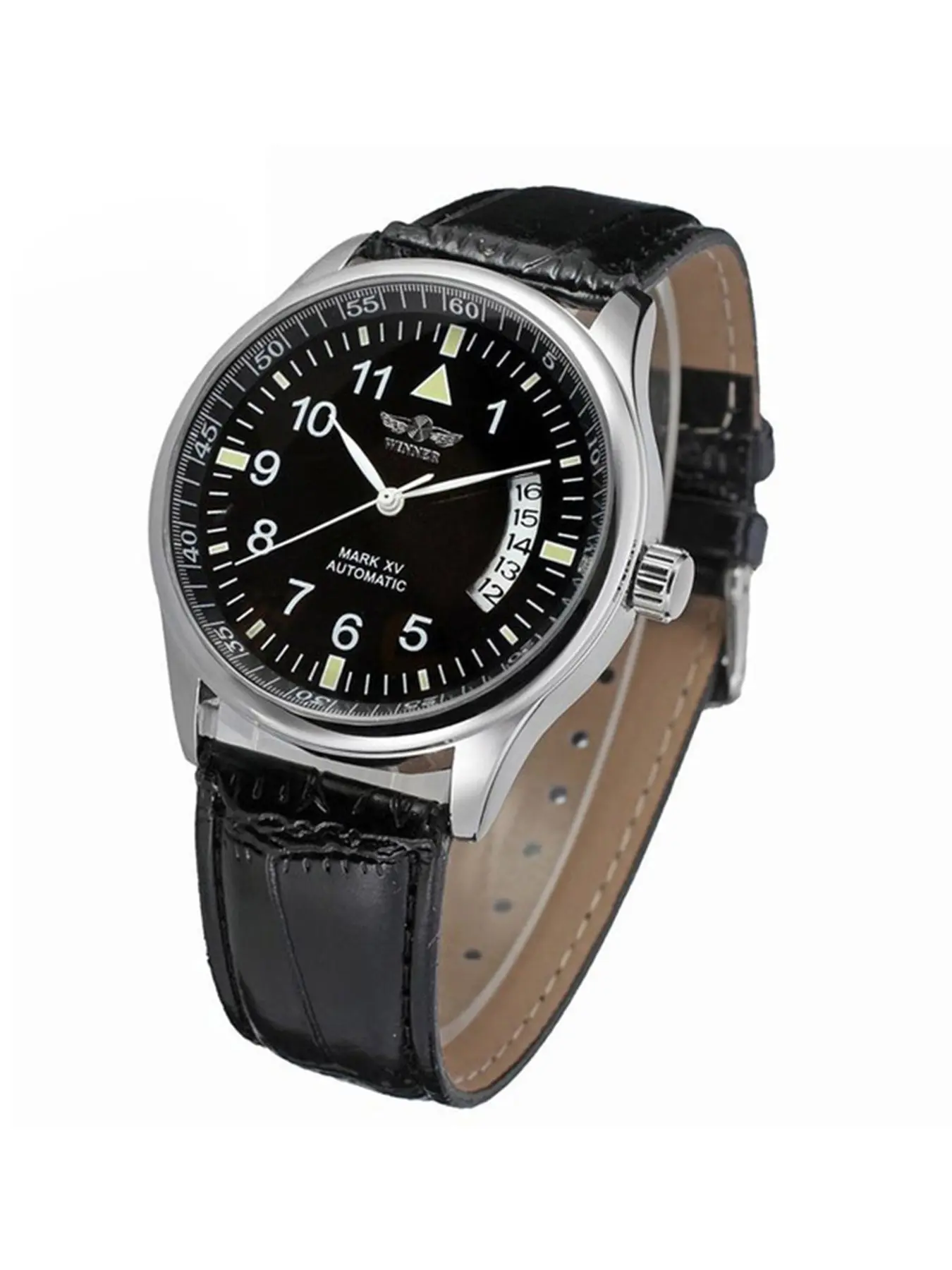 Winner Mark Xv Classic Military Pilot Men's Automatic Mechanical Watch, Silver Color Case, Cream Dial, Date Display, Retro Design