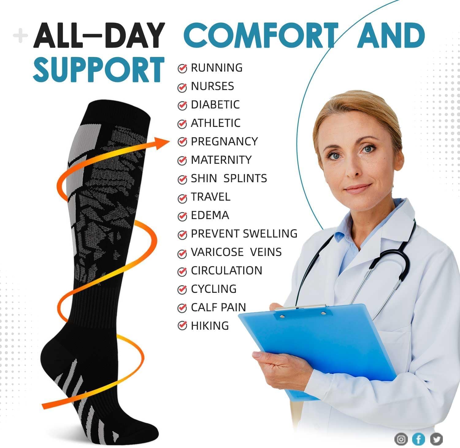 Copper Compression Socks 6-Pack for Women Men Medical Grade Graduated Support Circulation Boost Running Nursing Athletic Diabetic Socks Unisex Relieve Muscle Fatigue