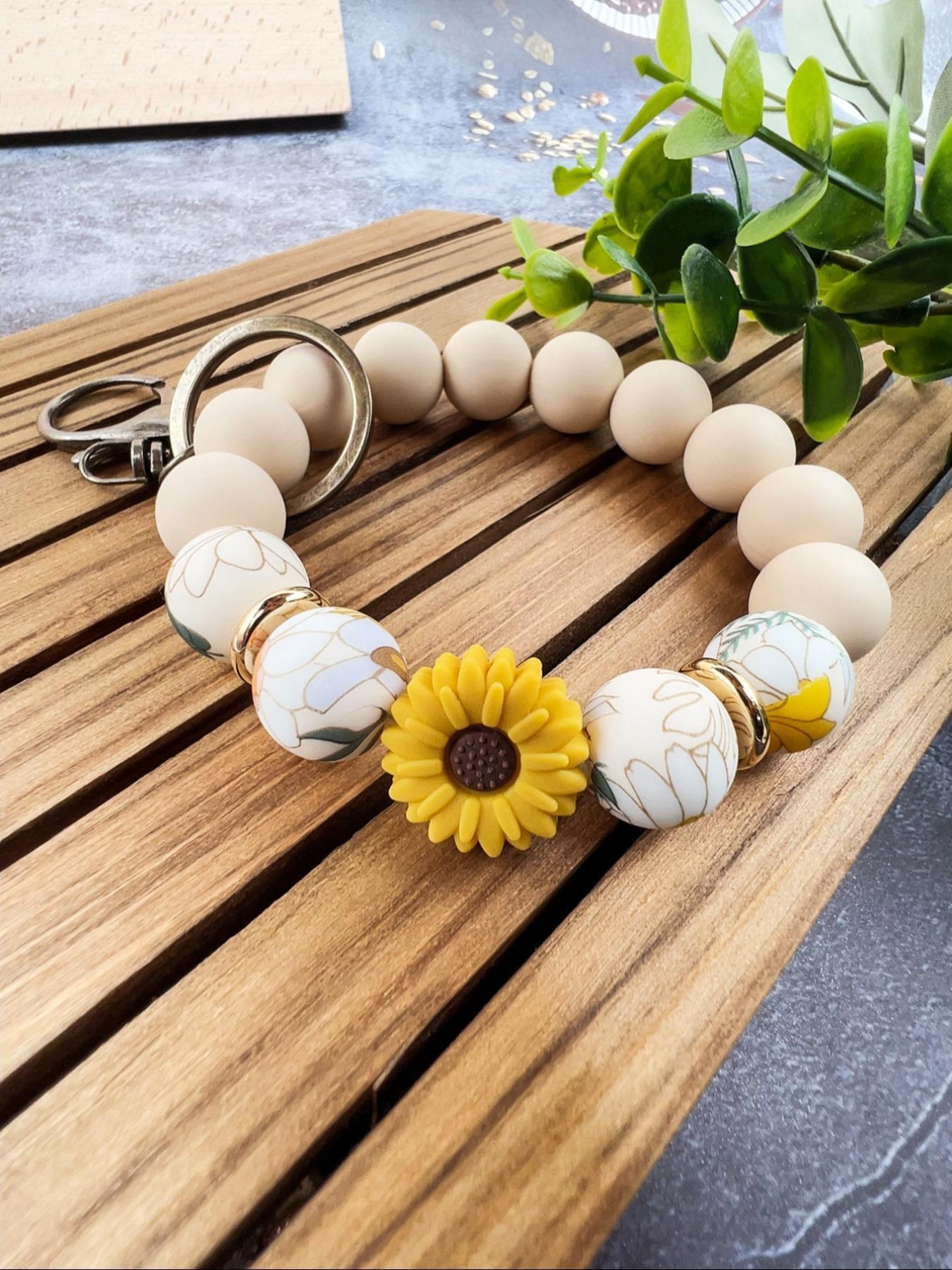 Boho Style Flower Decor Beaded Keychain, Vintage Style Silicone Beaded Keychain for Women & Men, Fashion Accessories for Daily Use, Floral Pattern Keychain