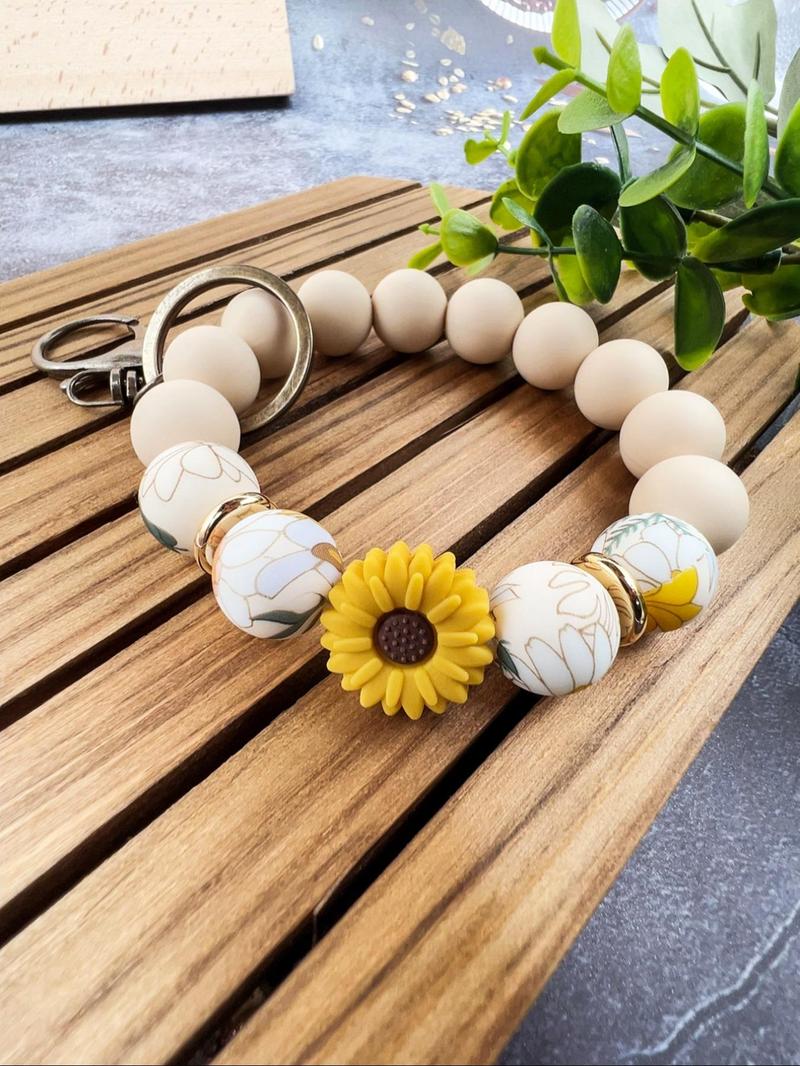 Boho Style Flower Decor Beaded Keychain, Vintage Style Silicone Beaded Keychain for Women & Men, Fashion Accessories for Daily Use, Floral Pattern Keychain