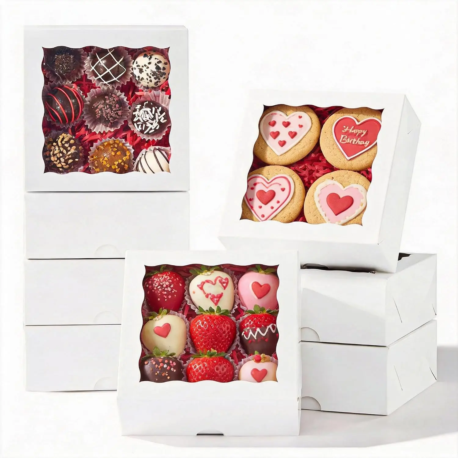 15-Count White Synthetic Bakery Cookie Boxes with Transparent Top, 6x6x2.5in Flat Folded Small Size for Small Cakes, Desserts, Holiday Gifts, Square Box