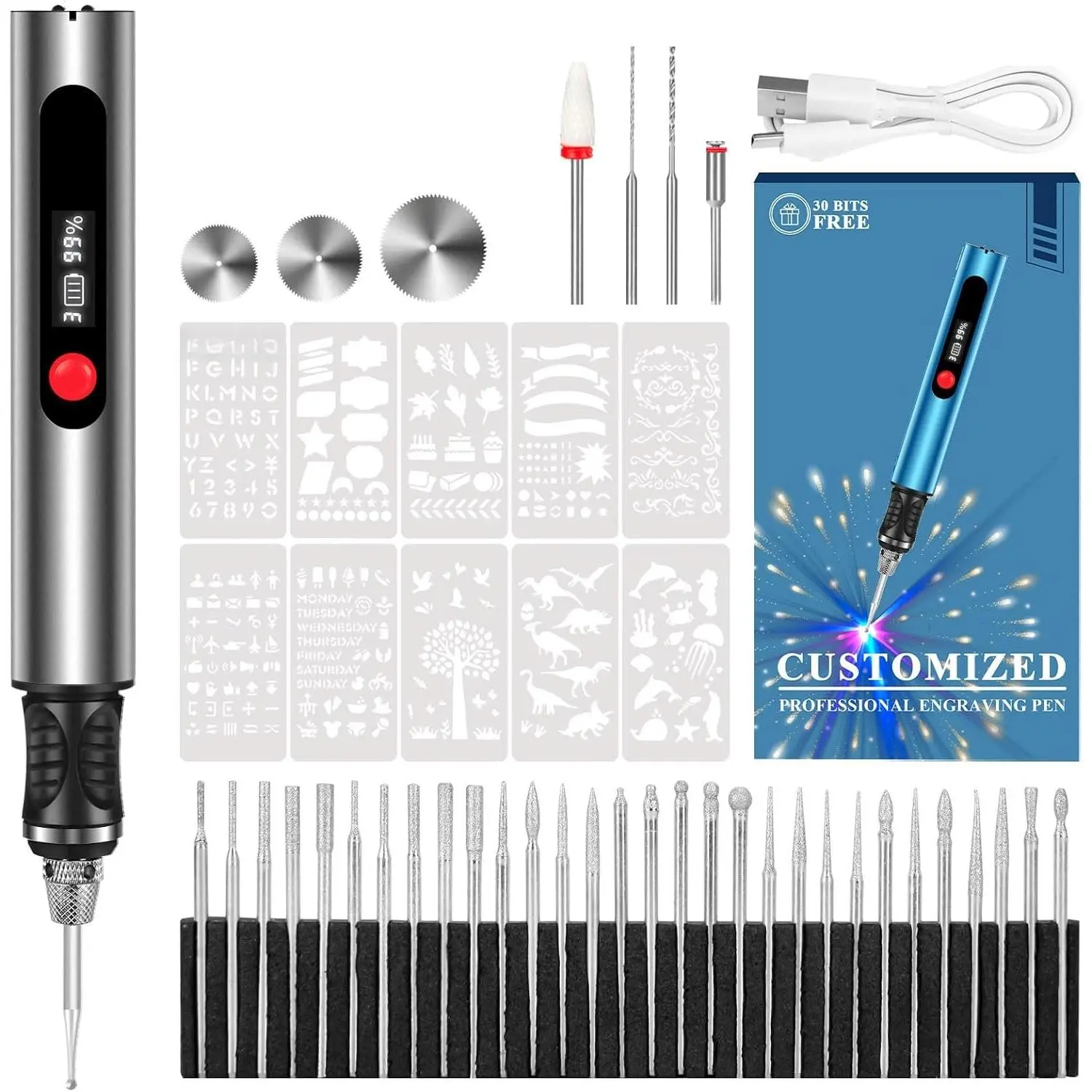 Cordless Engraving Pen for Beginners Pro - 30 Bits Kit, 60+ Materials Engraving, Carving Crafts Tool, Artist-Friendly, Mastery Guide Included (Grey)