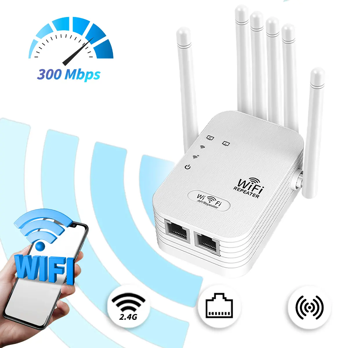wifi extender,2.4GHz wifi booster for home,300Mbps high-speed Internet,equipped with LAN port,dual working mode,suitable for home,rental house,office.
