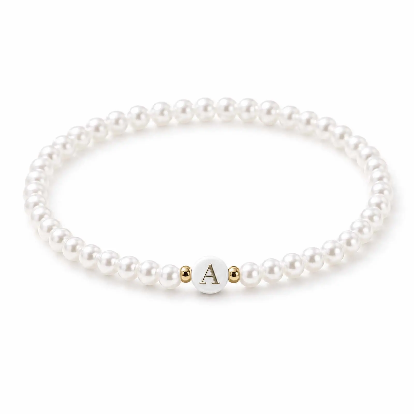 Women's Personalized Initial Letter Bracelet, 26-Alphabet Charm Beaded Bracelet with Oval Pearl-Look Beads, Sparkly Rhinestone Accents, Lightweight Indoor Recreation Fashion Accessory for Party, Birthday Gift