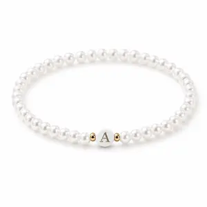 Initial Letter Bracelet for Women, 26 Alphabet Charm Beaded Bracelet, Oval Pearl Look Beads with Sparkly Rhinestone Accent, Dainty Personalized Style Wrist Jewelry, Lightweight Everyday Fashion Accessory for Party, Date, Birthday Gift for Her