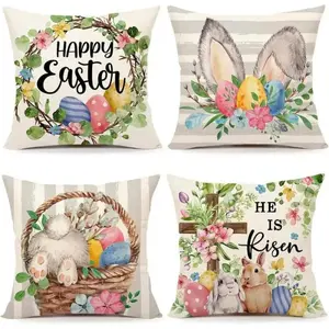 4pcs Set  Easter-themed pillow covers featuring a rabbit and cross pattern, blending religious elements.  Made of polyester, these decorative cushion covers are suitable for party decorations, indoor sofas, and bedrooms. 18*18 inch (inserts not included)