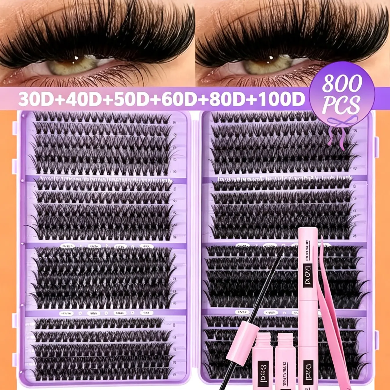 800 Pcs Eyelash Extension Kit, Eyelash Extensions Kit with Glue, Tweezers , 30D-100D,Mixed 8–16 mm Curl Lashes, Eyelash Clusters, Beginner-Friendly DIY Lash Cluster Set for Home Use, Includes Lash Tools