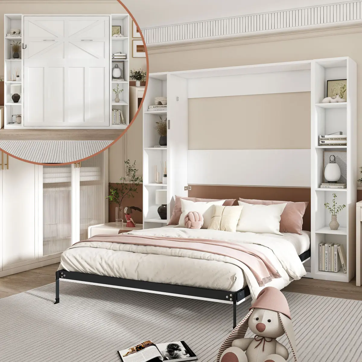 89.7in Queen Murphy Bed - Foldable Wall Bed with Storage Cabinet, Heavy-Duty Hardware Frame, Solid Wood Support Slats, 1100lb Capacity, White for Bedroom, Guest Room
