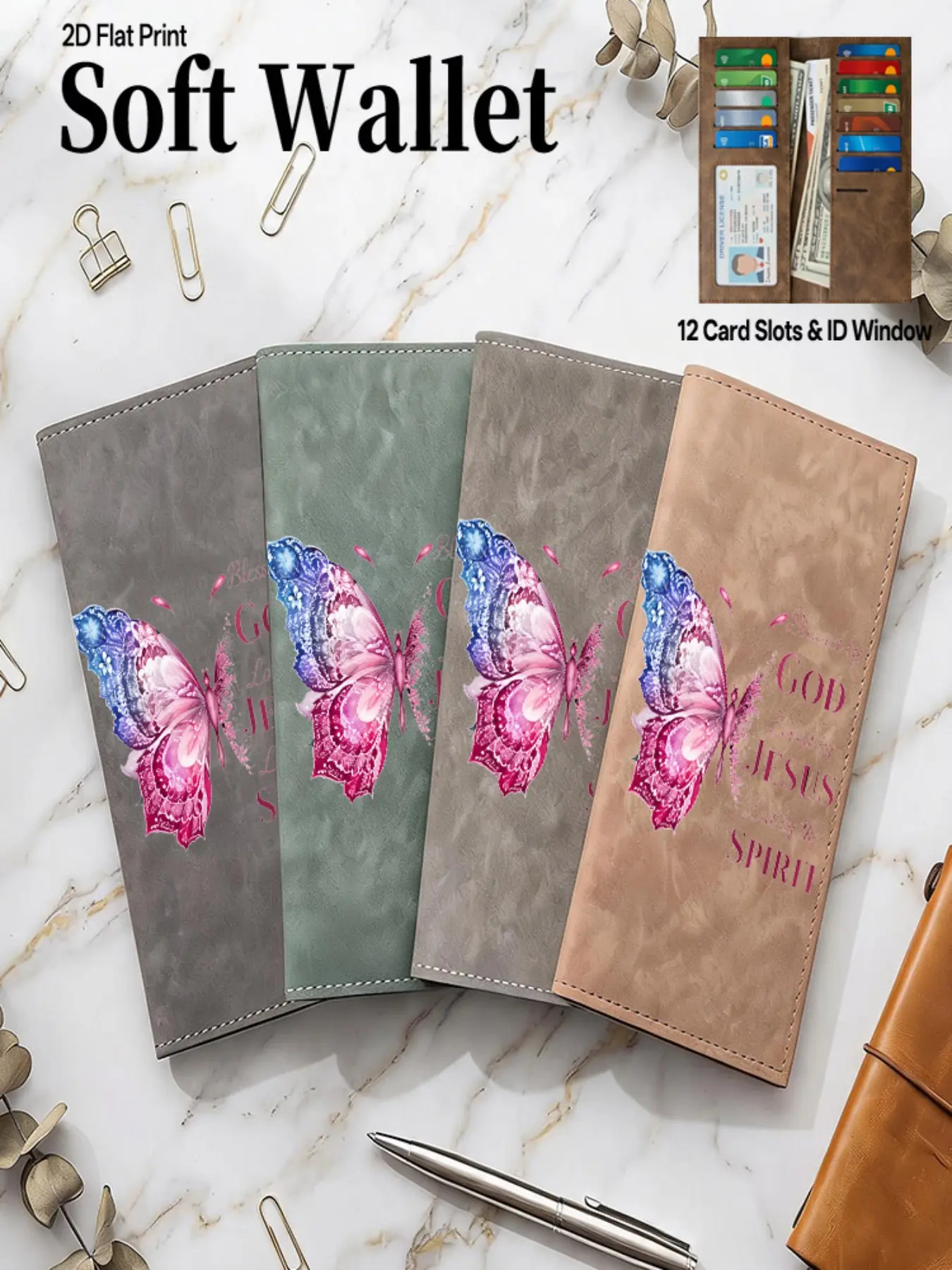 Soft PU Leather Ultra-Thin Long Wallet, Multi-Card Slots, Butterfly Pattern, RFID Blocking, Unisex Design, Ideal for Travel & Daily Use