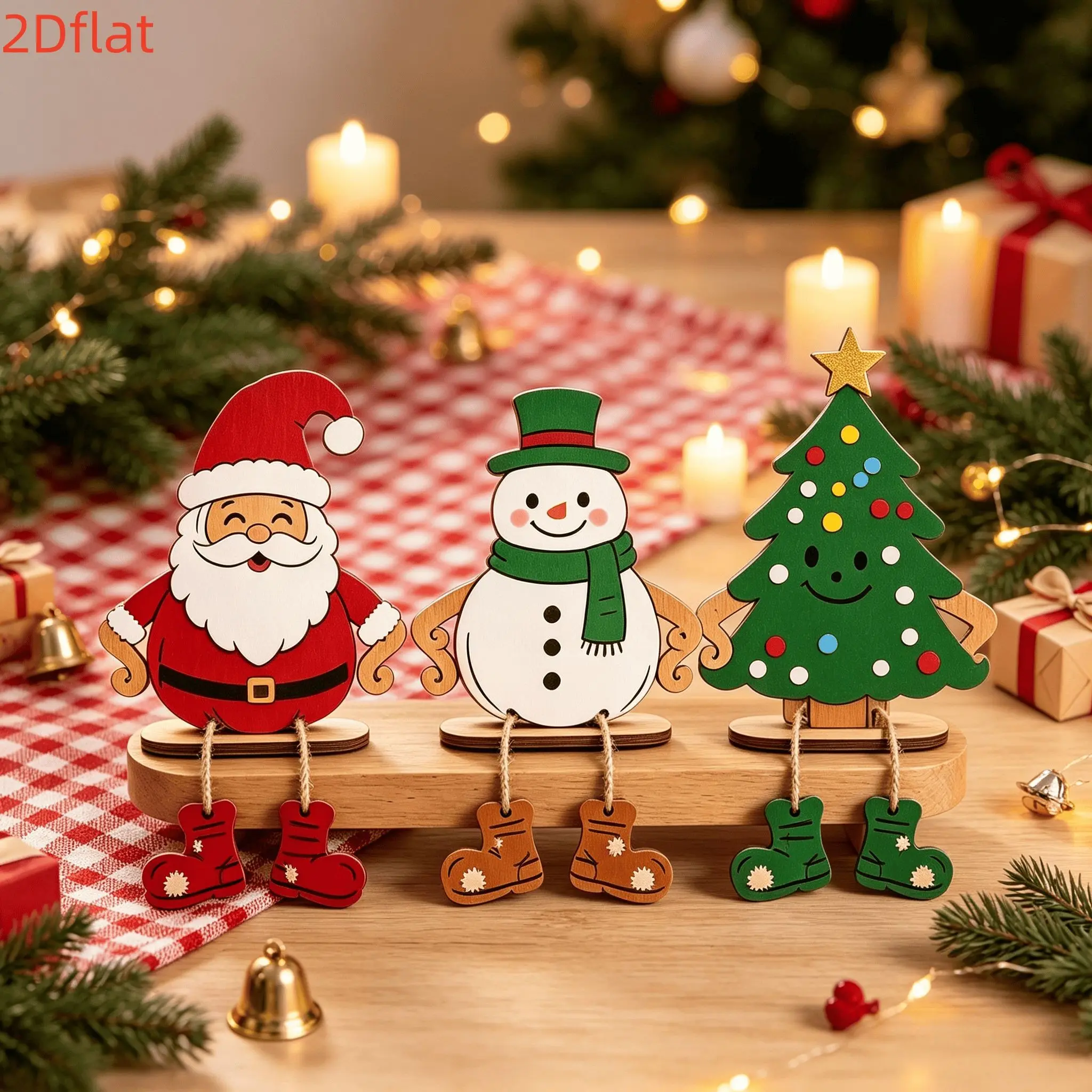 3 Piece Christmas Wooden Desktop Decor Set, Santa Claus, Snowman, Tree, Rustic Farmhouse Style, Indoor Fireplace, Tabletop Holiday Home Decoration