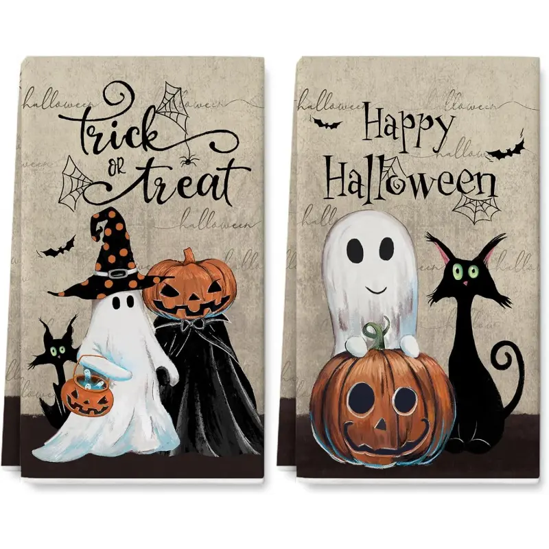 Halloween kitchen towels with black cat, pumpkin, and ghost patterns, 16 x 24 inches, retro style, suitable for hand drying, baking, parties, etc., 2-pack.