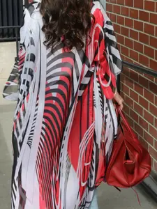New Women's Striped Print Long Chiffon Sun Protection Beach Coat, Bikini Cover-Up, Vacation Open Front Jacket, Sea Side Outerwear
