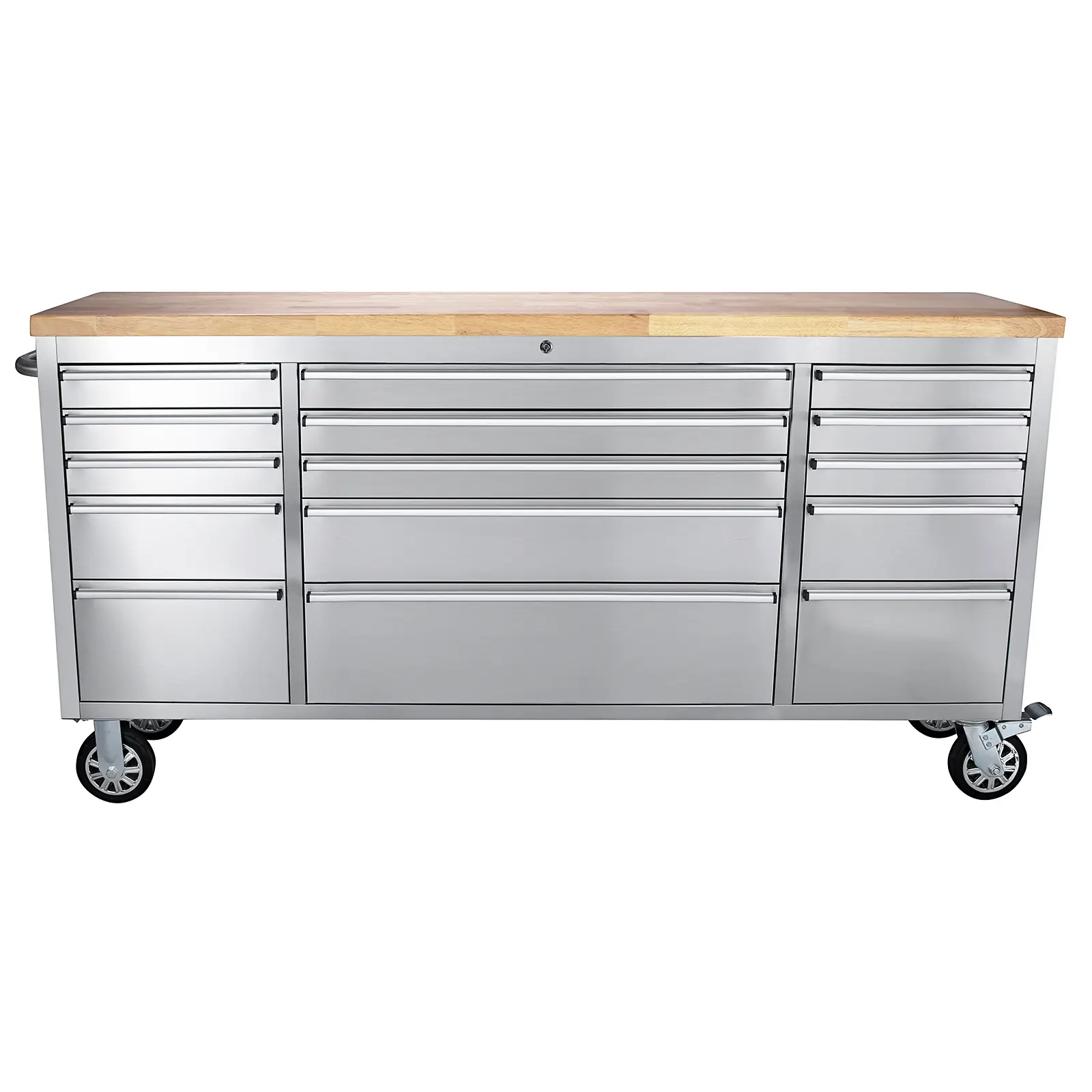 Heavy Duty 72-Inch Stainless Steel Rolling Tool Chest – 15 Lockable Drawers – Thick Rubber Wood Top – Mobile Workbench Cabinet with Power Outlets and Locking Casters – Ideal for Garage, Workshop, Warehouse