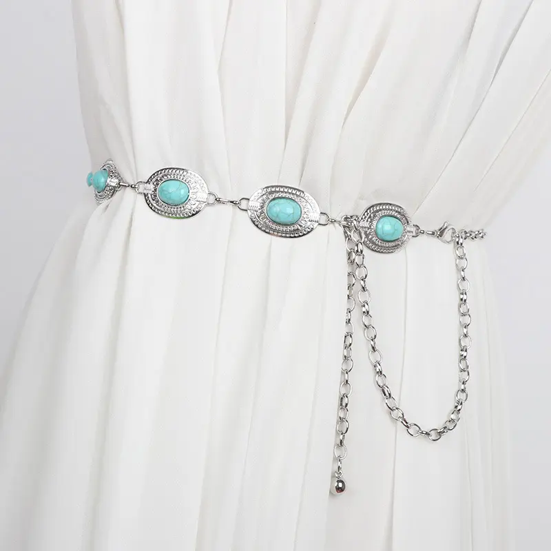 Fashionable and versatile women's metal waist chain in silver, ethnic style embossed vintage chain with carved inlay and pine stone belt