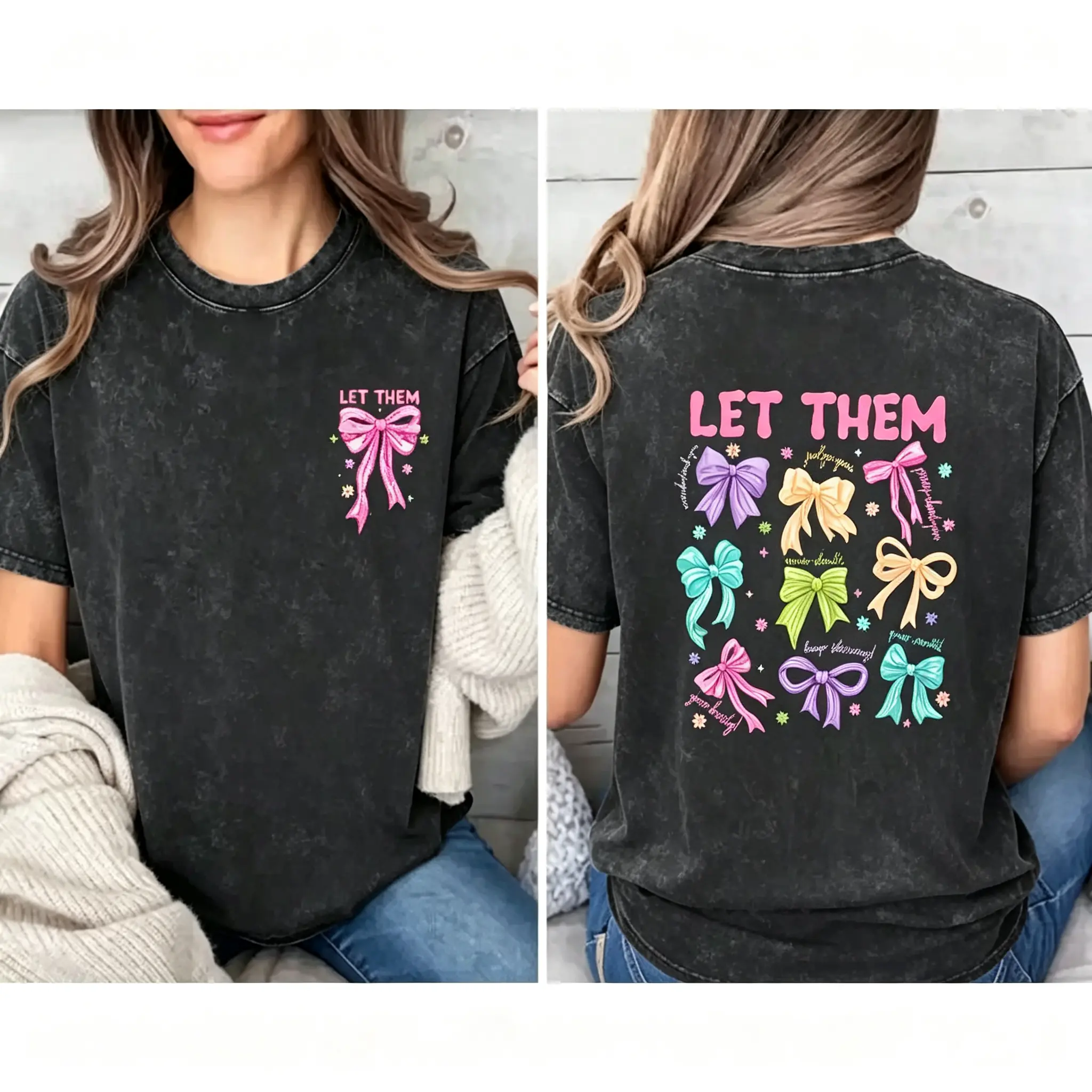 Let Them Shirt Women Cute Colorful Bow Graphic Tee Coquette Aesthetic Front Back Print Casual Short Sleeve T Shirt
