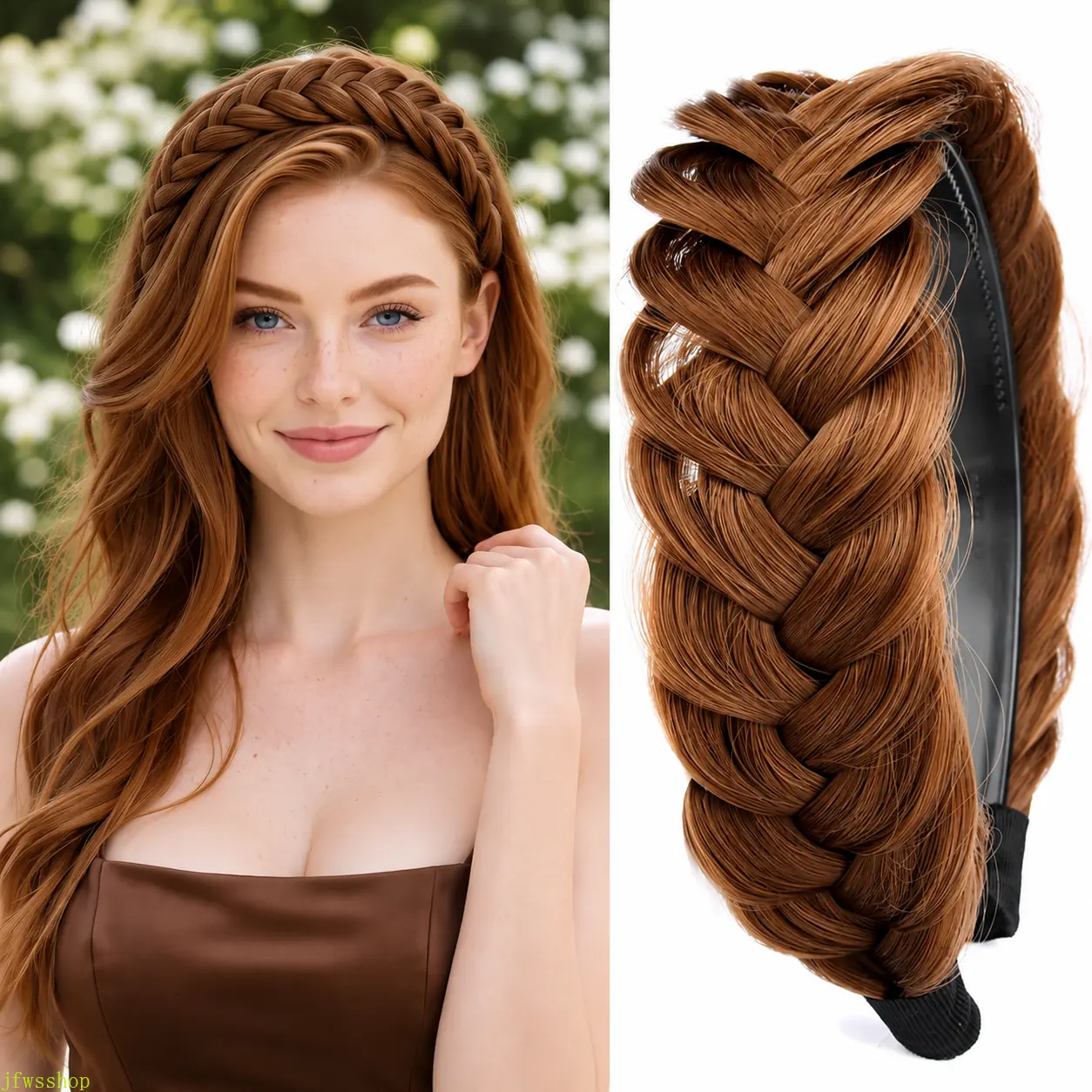 Wide Fishtail Braided Headband with Teeth, Chunky Messy Plaited Hair Band for Women & Girls – High Elasticity Synthetic Hair Hairpiece, Cute Y2K Coquette Hair Accessory, Medium Brown, braided headband, fishtail headband, chunky headband