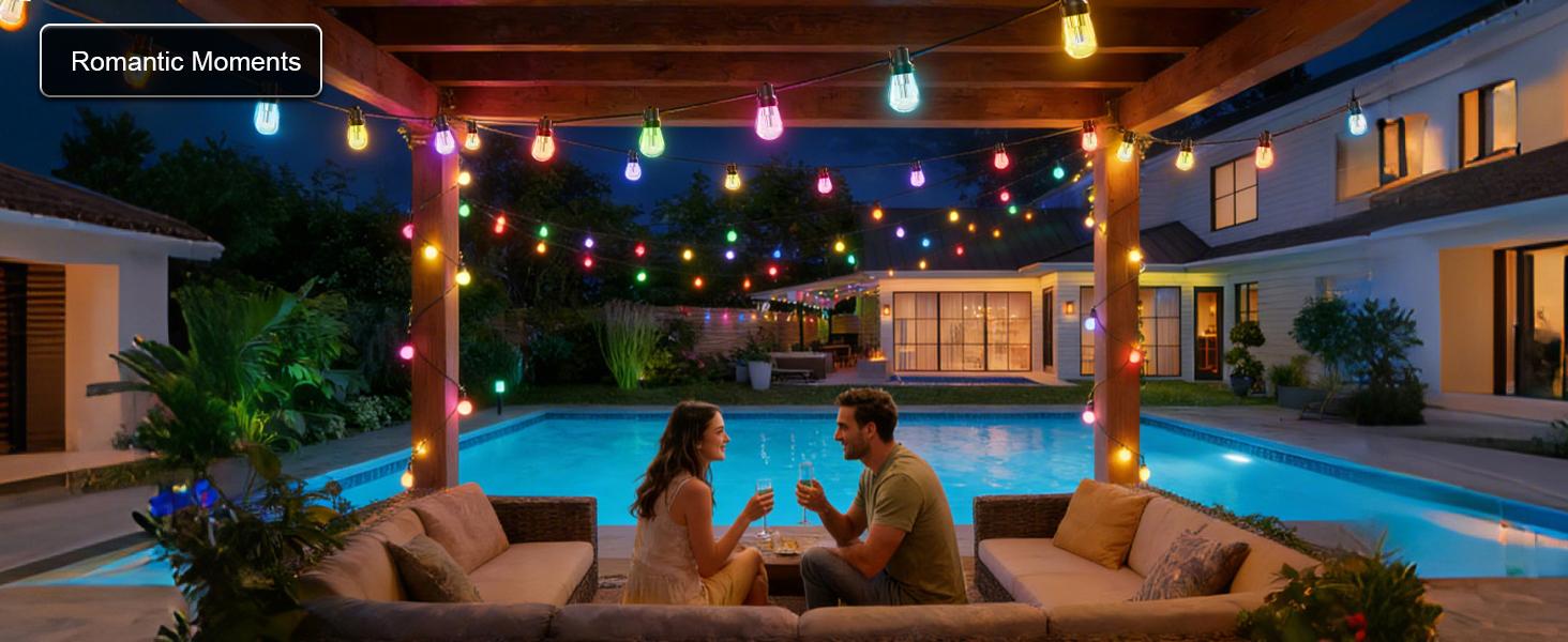 Rcuical  RGB+IC  Outdoor String Lights Bulbs IP67 Waterproof LED Color Changing Smart App Hanging Shatterproof Light with Remote Controller for Outside, Patio, Backyard, Garden, Party