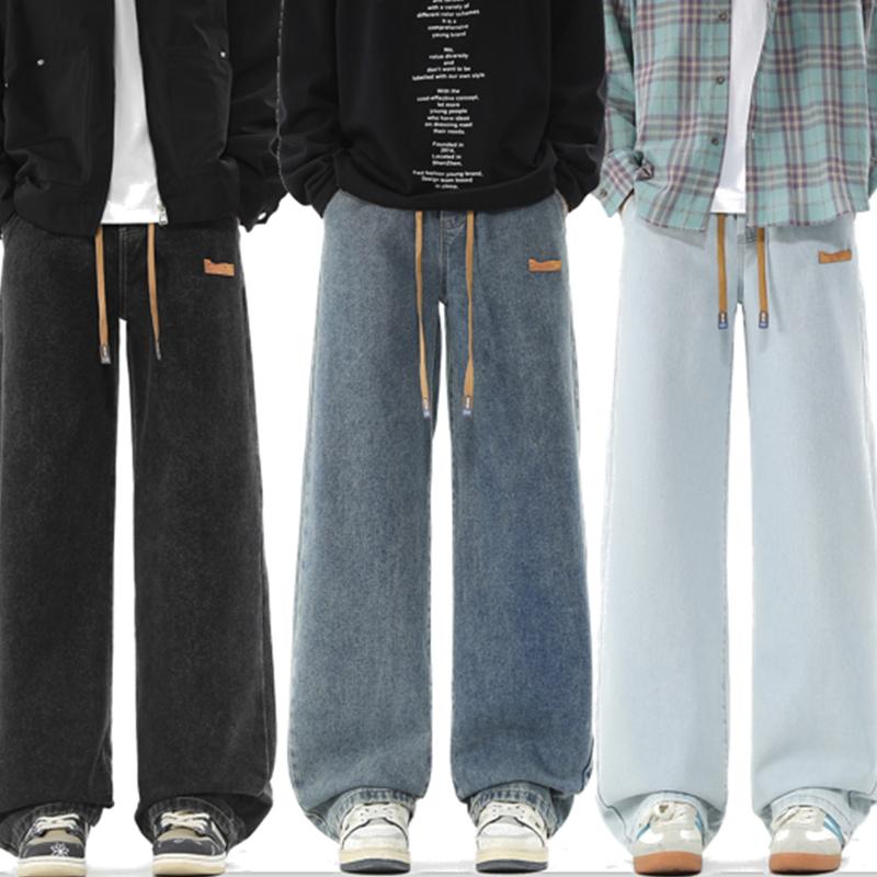Brand new upgrade!Men's regular straight-leg jeans, casual drawstring elastic waist, denim pants, heavyweight washed jeans, premium blend elastic fabric with 61.8% cotton