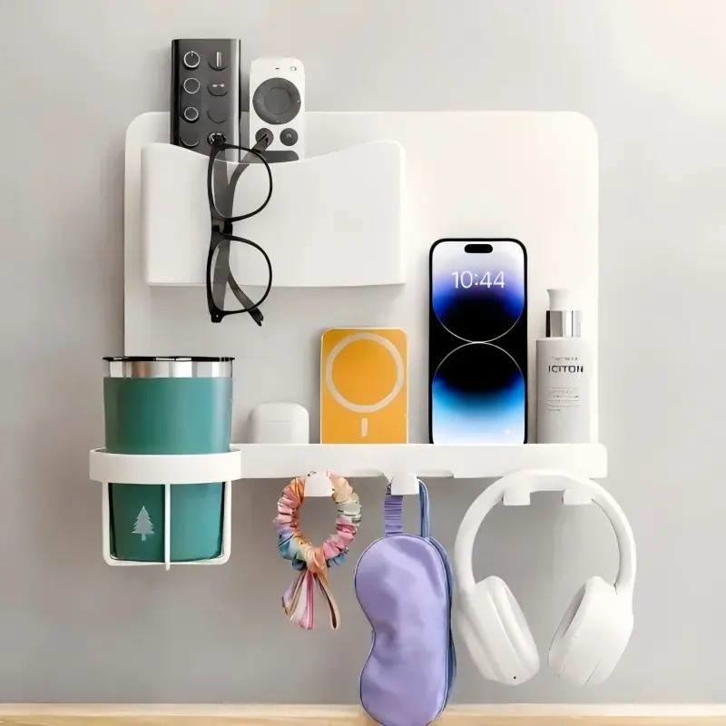 Floating Bedside Wall Shelf, Metal Bedside Wall Organizer with Detachable Cup Holder, No Drill Wall Mounted Storage for Bedroom, Entryway, Dorm