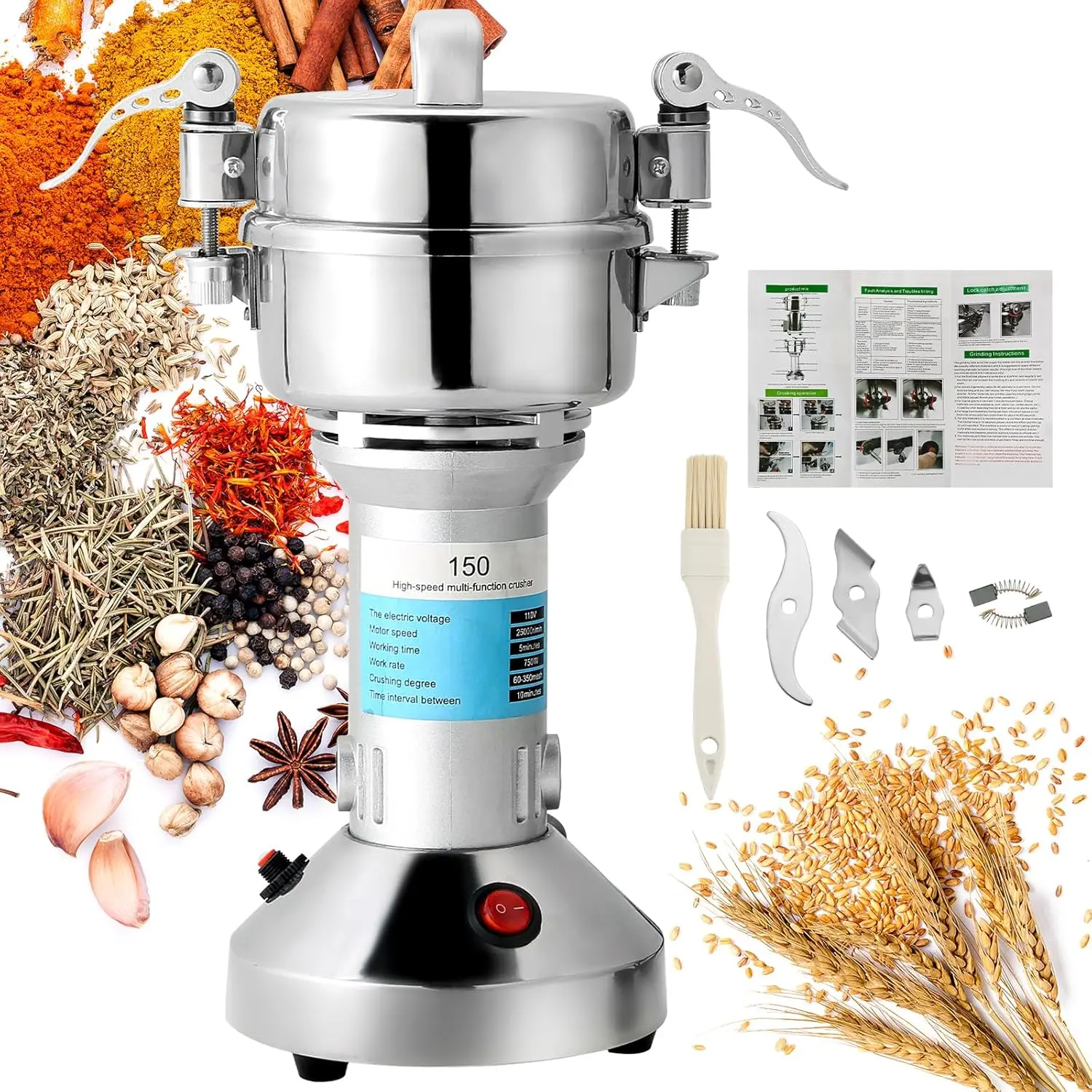High Speed 150g Electric Grain Mill Machine    750W | 70-300 Mesh 28000RPM Stainless Steel Commercial Grade for Kitchen   Pepper Coffee