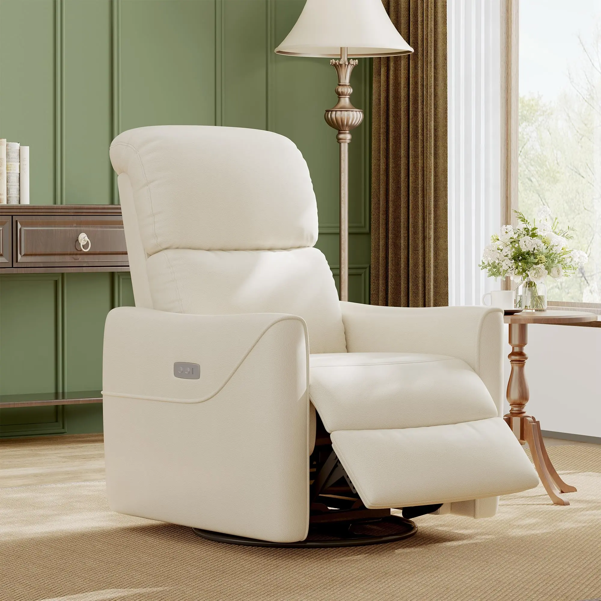 Swivel Rocking Recliner Chair, Power Recliner Glider with Lumbar Support & Faux Leather Upholstery, 270 Degree Comfortable Rocker Recliner for Living Room, Bedroom, Nursery, Home Theater