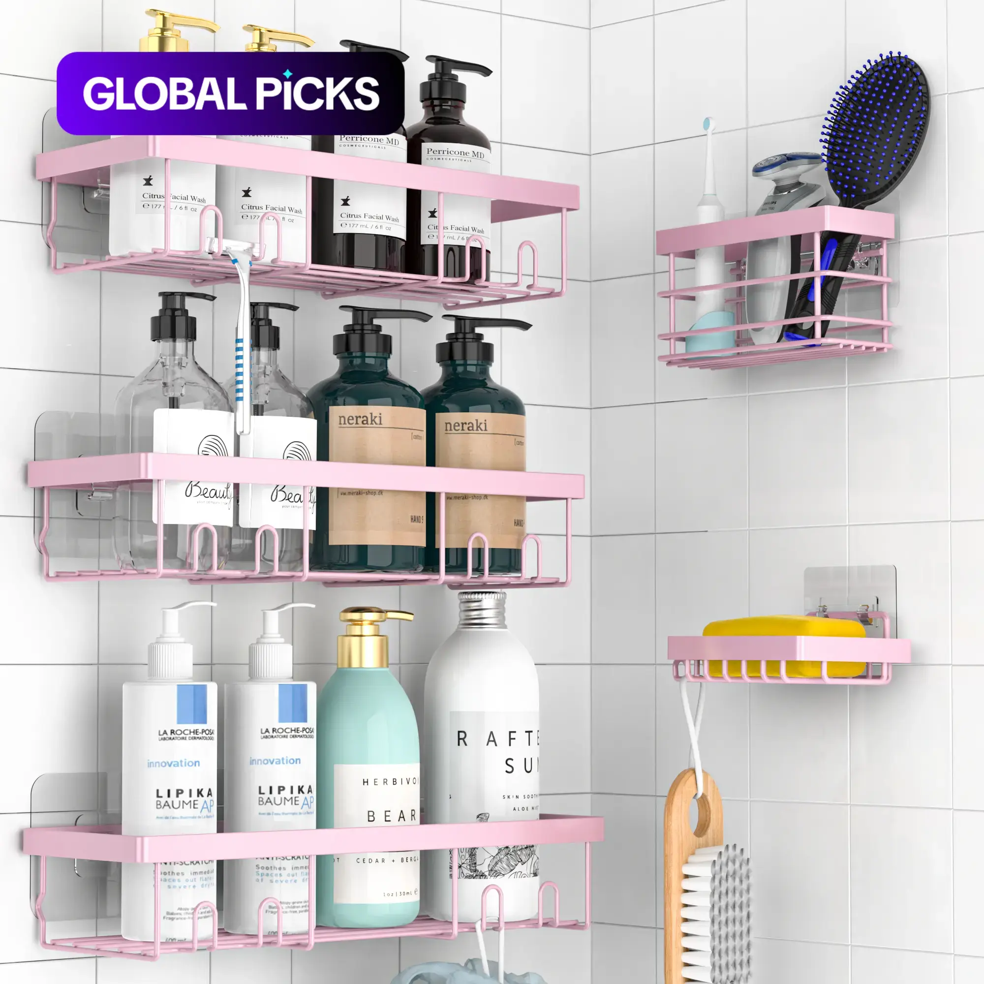 5-Count Wall-Mounted Shower Rack Set, Bathroom & Kitchen Storage Organizer, Home Organizer Supplies for Bathroom, Kitchen & Living Room #GLOBAL PICKS