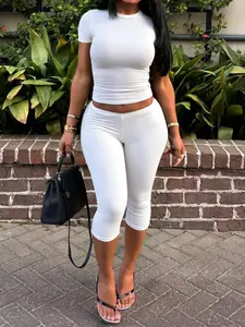 Lw Home Solid Color Classic Casual Short Sleeve Mid-Length Pants Set, Perfect for Home Wear, Ideal for Summer Days