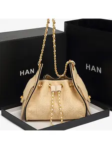 European and American style summer new fashion straw shoulder underarm bag, stylish and trendy drawstring chain crossbody bucket bag