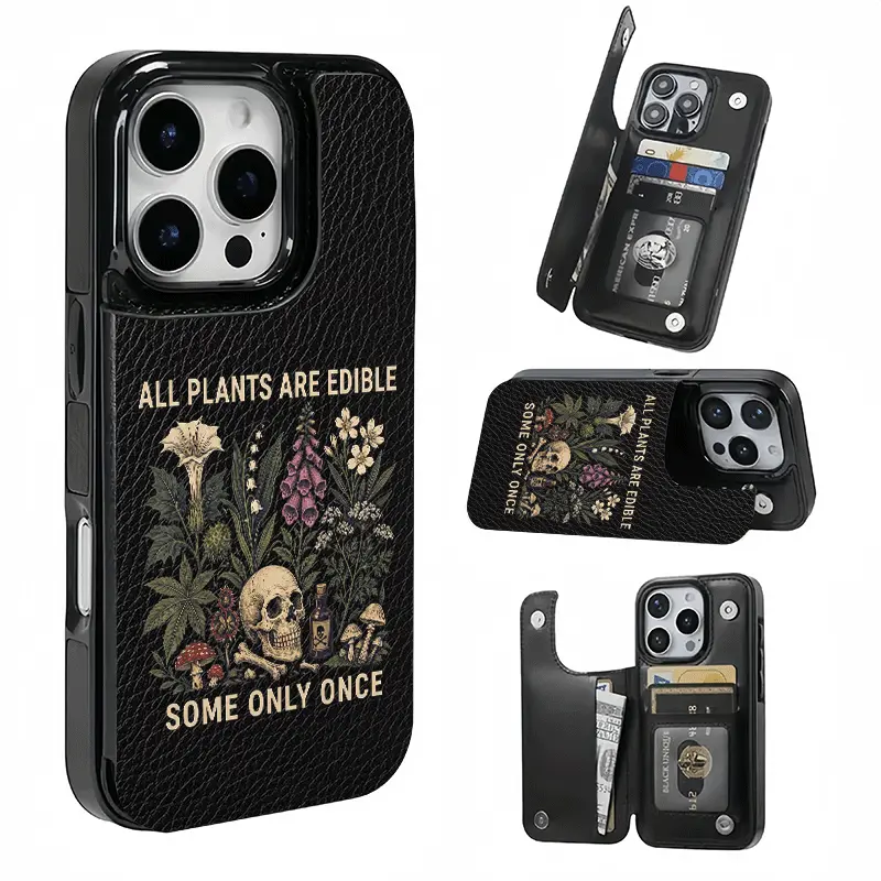 Dark Botanical Skull Illustration Phone Case with Card Slot for Bank Cards and Transit Cards, Compatible with iPhone 17/16/15/14/13/12, Suitable as a Gift for Friends