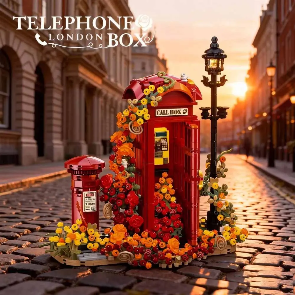 2026 New Arrival Hottest Trend Building Block Toys, 1142 items. Retro British-style red telephone booth assembly toy building blocks model classic mailbox flower children's gift toy suitable for home decoration, for boys, girls, adults, as a holiday gift.