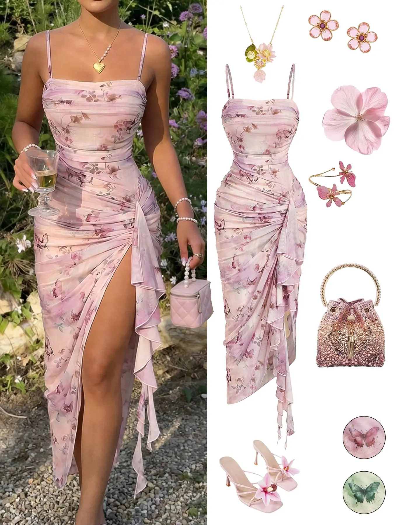 Women's Casual Vacation Floral Print Ruched Split Hem Asymmetrical Dress, Vintage Butterfly Print Elegant Ruffle Design Dress,Seductive,Party,Cocktail Dinner Prom Vacation Outfits