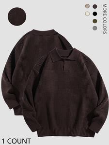 men's solid drop shoulder collared knitted sweater, regular fit casual long sleeve jumper for fall & winter, sweaters for men, men's knitwear for daily wear tops