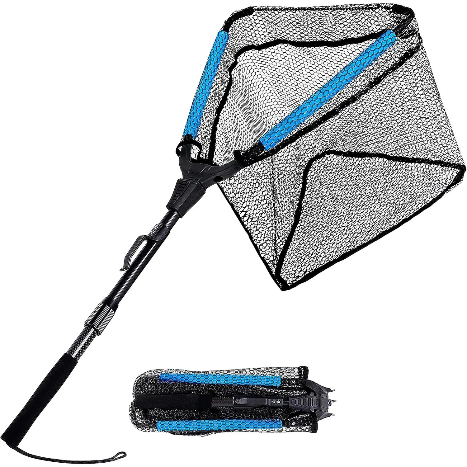 Fishing Net Fish Landing Net with Foldable Telescopic Pole Handle, Durable Nylon-Synthetic Mesh (1/4" x 3'16"), Aids in Release for Rivers Saltwater Fishing