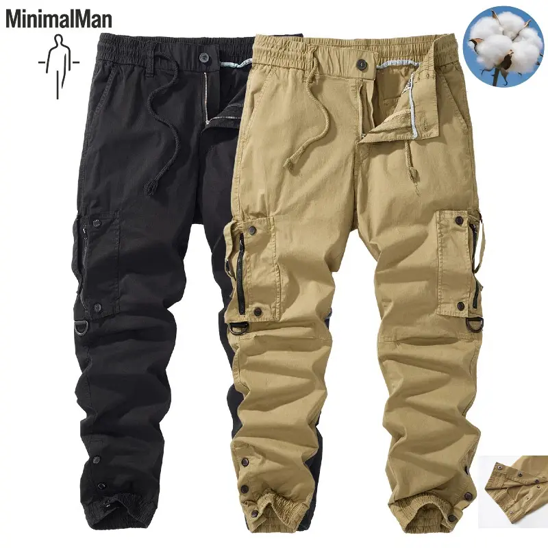 Men's 100% Cotton Jogger Cargo Pants, Elastic Drawstring Waist Zipper Multi Pocket Tactical Jogger Trousers for Outdoor Streetwear