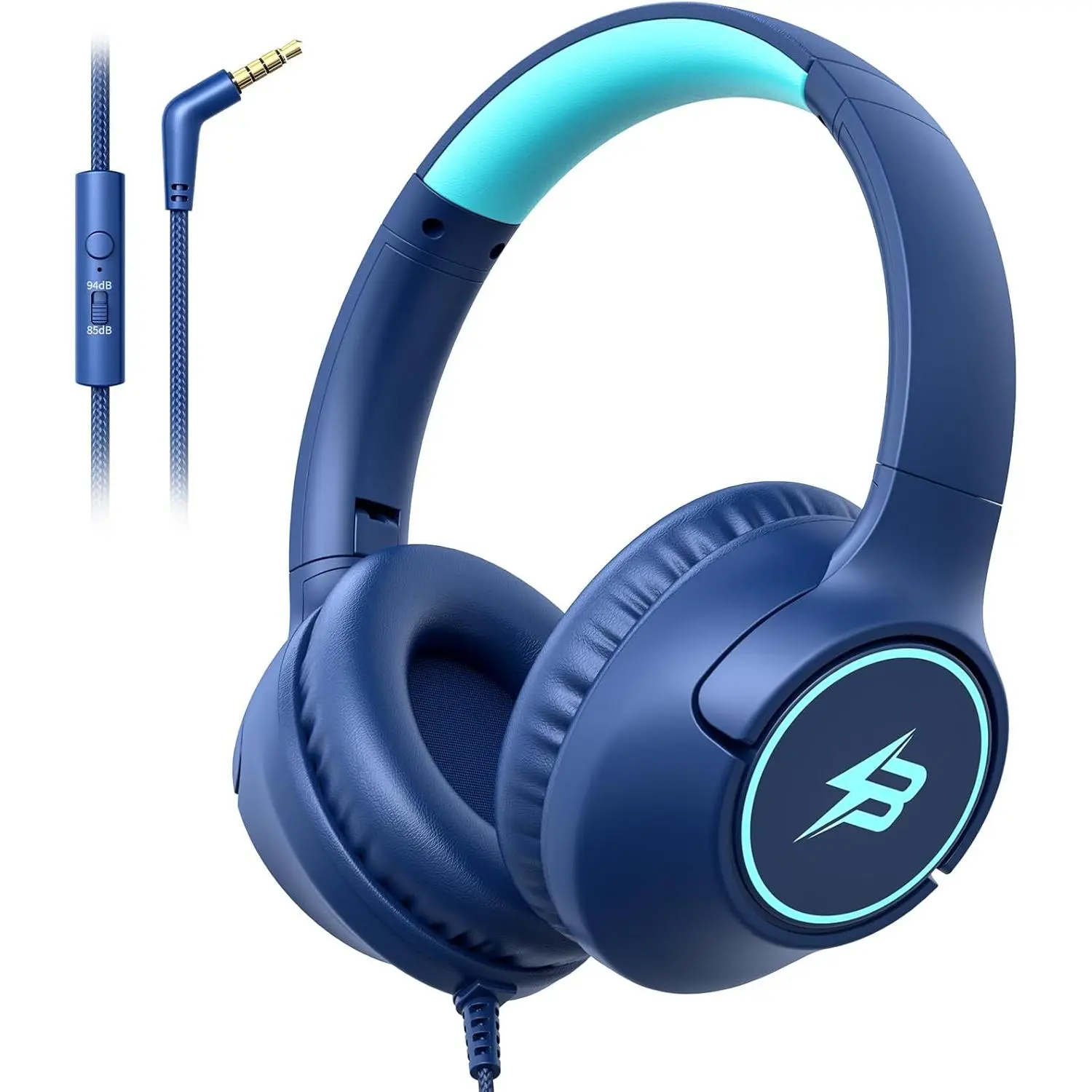 Child Size Wired Over-Ear Kids Headphones with Microphone, 85/94dB Volume Limit, 3.5mm Stereo Cord for School, Airplane Travel, Navy Blue