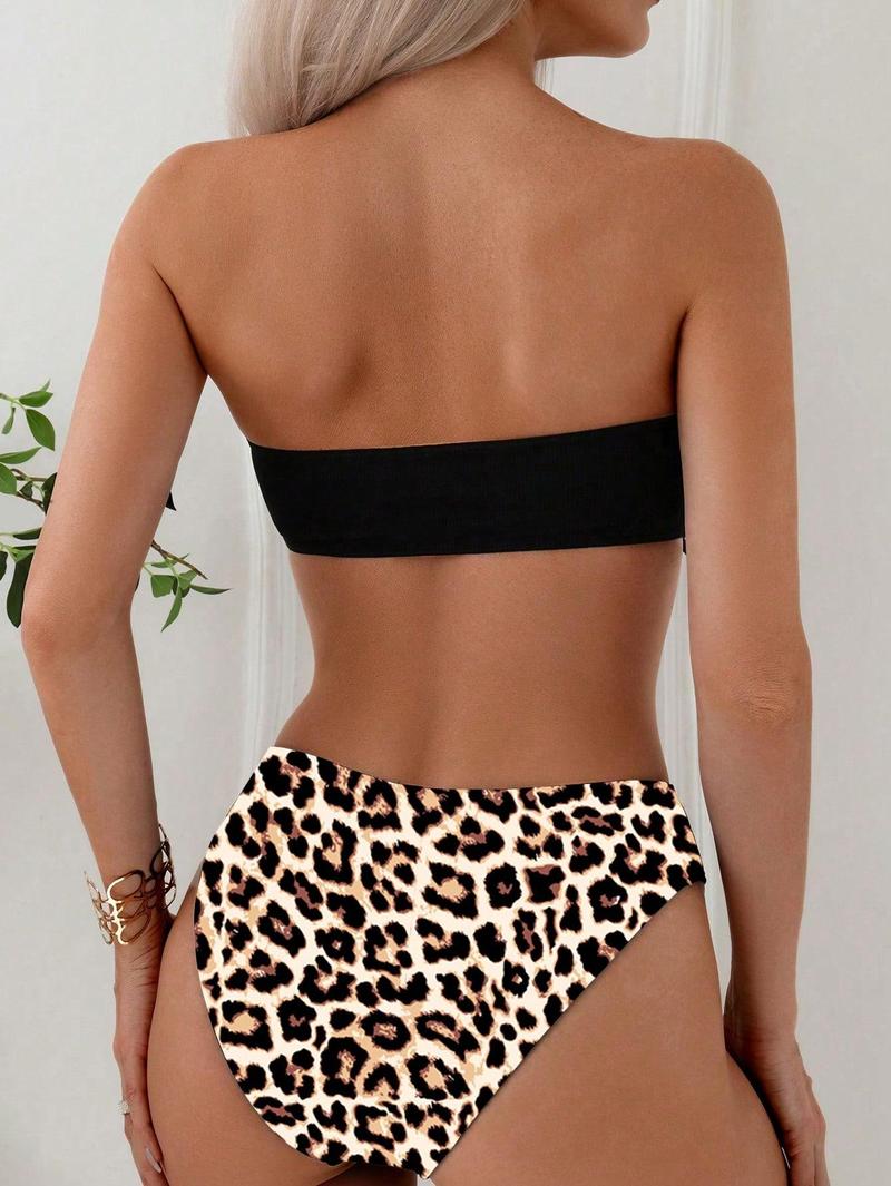 Women's Summer Beach Leopard Print Color Block Sexy Bandeau Bikini Set Leopard Print Bikini Strapless Bikini Two Piece Set