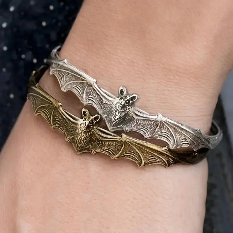 Gothic Bat Cuff Bracelets for Women - Vintage Silver Brass Open Bangle Wristband with Detailed Bat Wing Design, Spooky Halloween Costume Jewelry, Edgy Dark Aesthetic Handmade Accessory for Parties