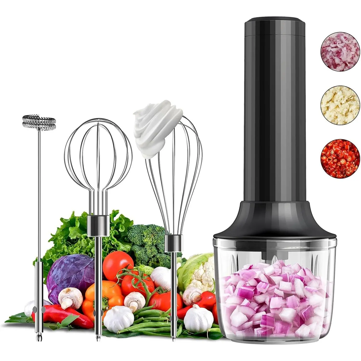 Electric Hand Mixer, Handheld Mixer Electric Whisk, Rechargeable Cordless Handheld Mixer & Milk Frother, Small Food Chopper for Dicing, Mincing, and Puree, 4-Speed, 10Oz