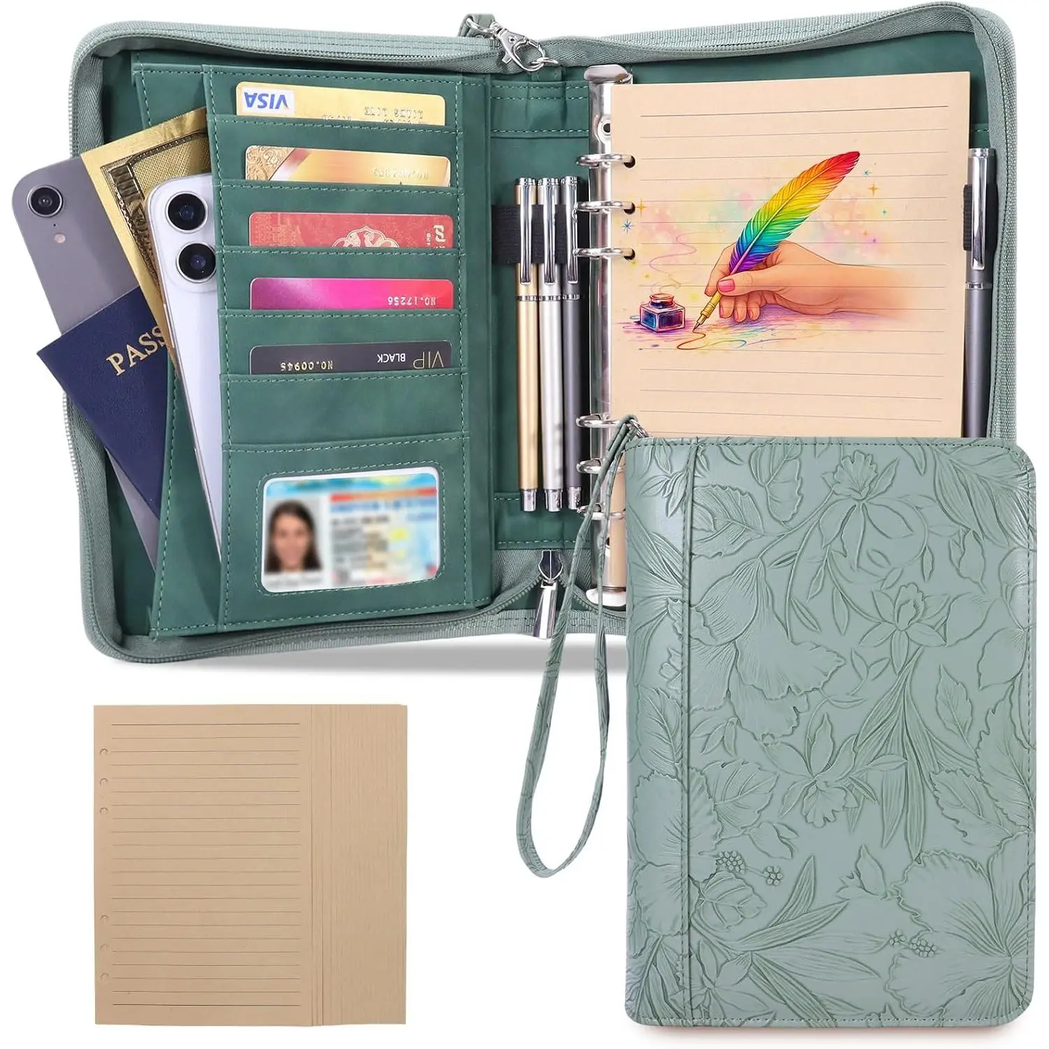 A5 Binder 6 Ring with Zipper, Portable Planner for Travel & Study | Faux leather A5 planner with detachable 6 rings, lined pages, pouches, card slots and pen holder for daily use.