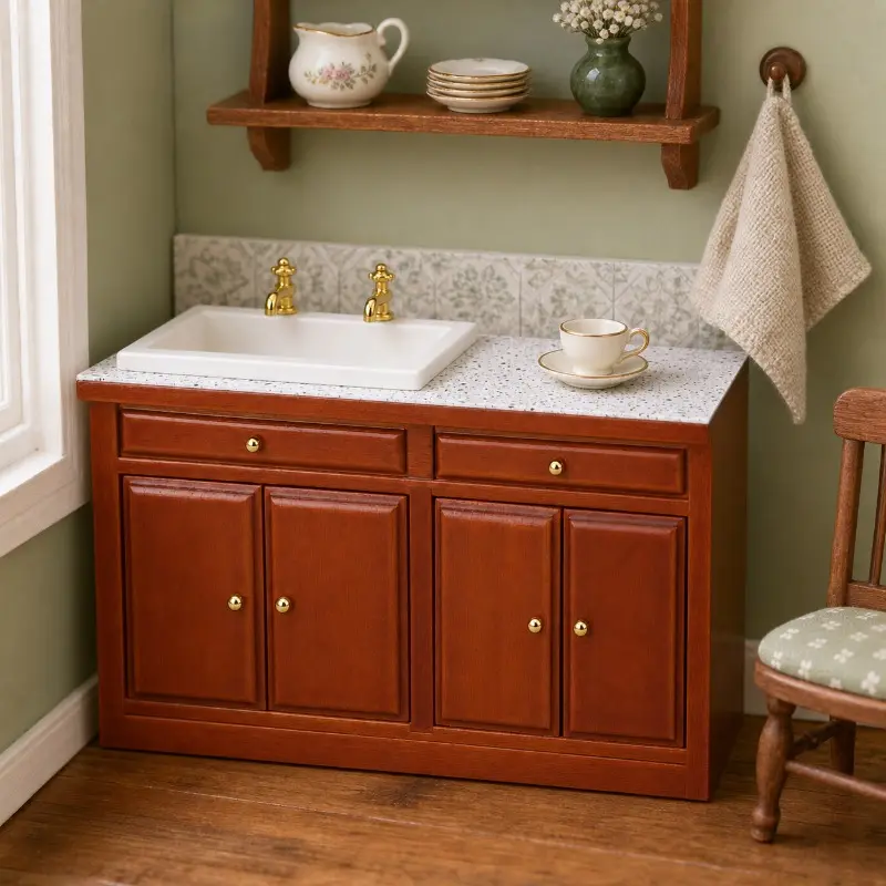 Miniature Dollhouse Kitchen Sink Cabinet, Warm Brown Cupboard with White Countertop