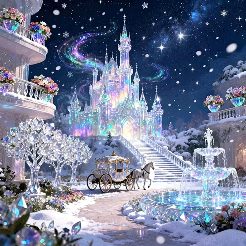 1PC,2D Magical Castle Diamond Painting Kit Diamond Pattern Design with Starry Night Sky Crystal Rhinestones DIY Craft for Home Wall Decor Sparkling Princess Carriage Fountain Snowy Scene Mosaic Art Gift for Adults Kids Beginners