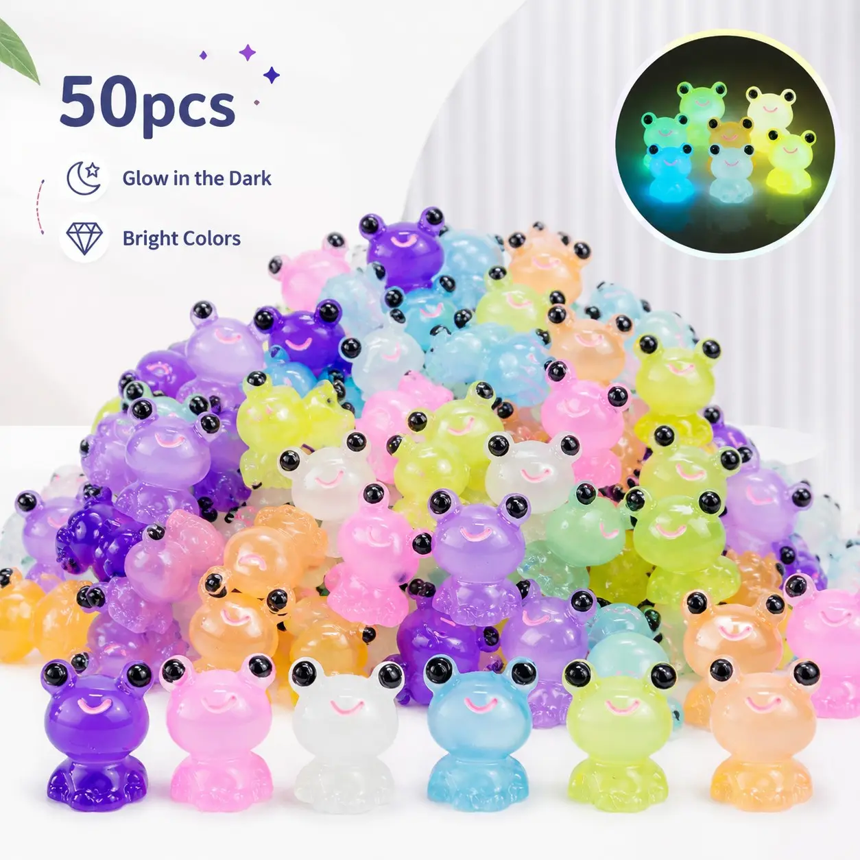 50 Piece Glow-In-The-Dark Resin Frog Decorations, Semi-Transparent Macaron Color, DIY Fish Tank Micro Landscape, Aquarium Decor, Fish Decorations for Tank, Desktop Atmosphere Accessories