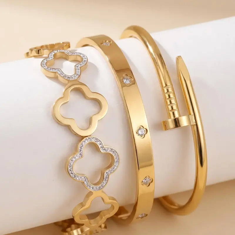 Mother's Day Gift Women's Stainless Steel Bangle Bracelet Set, Geometric Design Bangle, Chain & Flower Design Jewelry, Perfect Gift for Mom, Mother's Day, Birthday, Party Wear