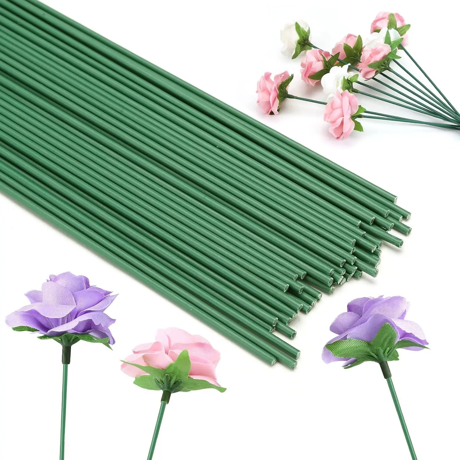 50 Pieces 8 Inches Thick Green Floral Wire Stems, Durable Flower Rose Bud Sticks for DIY Floral Arrangement Crafts